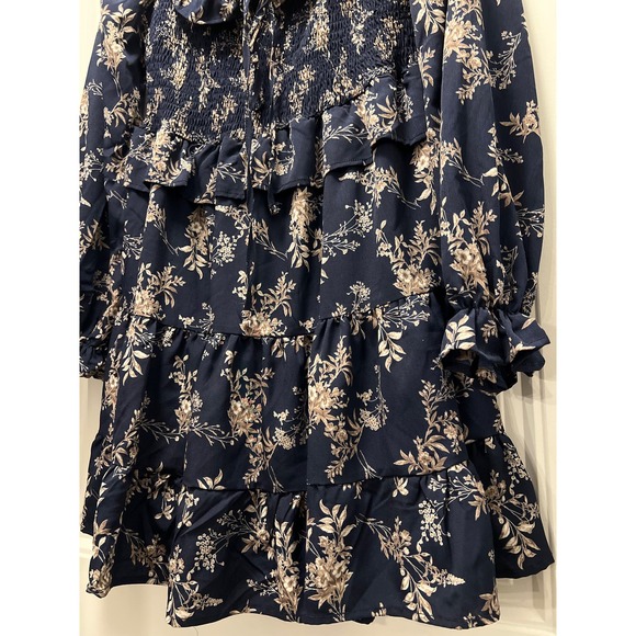 NWT She & Sky Women’s Off Shoulder Floral Ruffle Mini Dress Size M‎ Blue Brown - Picture 3 of 8